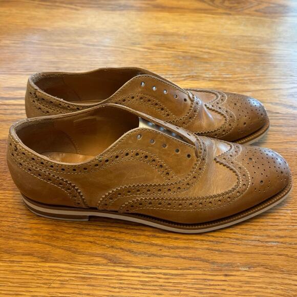 Rag & Bone 36.5 6.5 Cognac Leather Brogue Slip On No Lace Wingtip Oxford Shoes - Picture 1 of 6